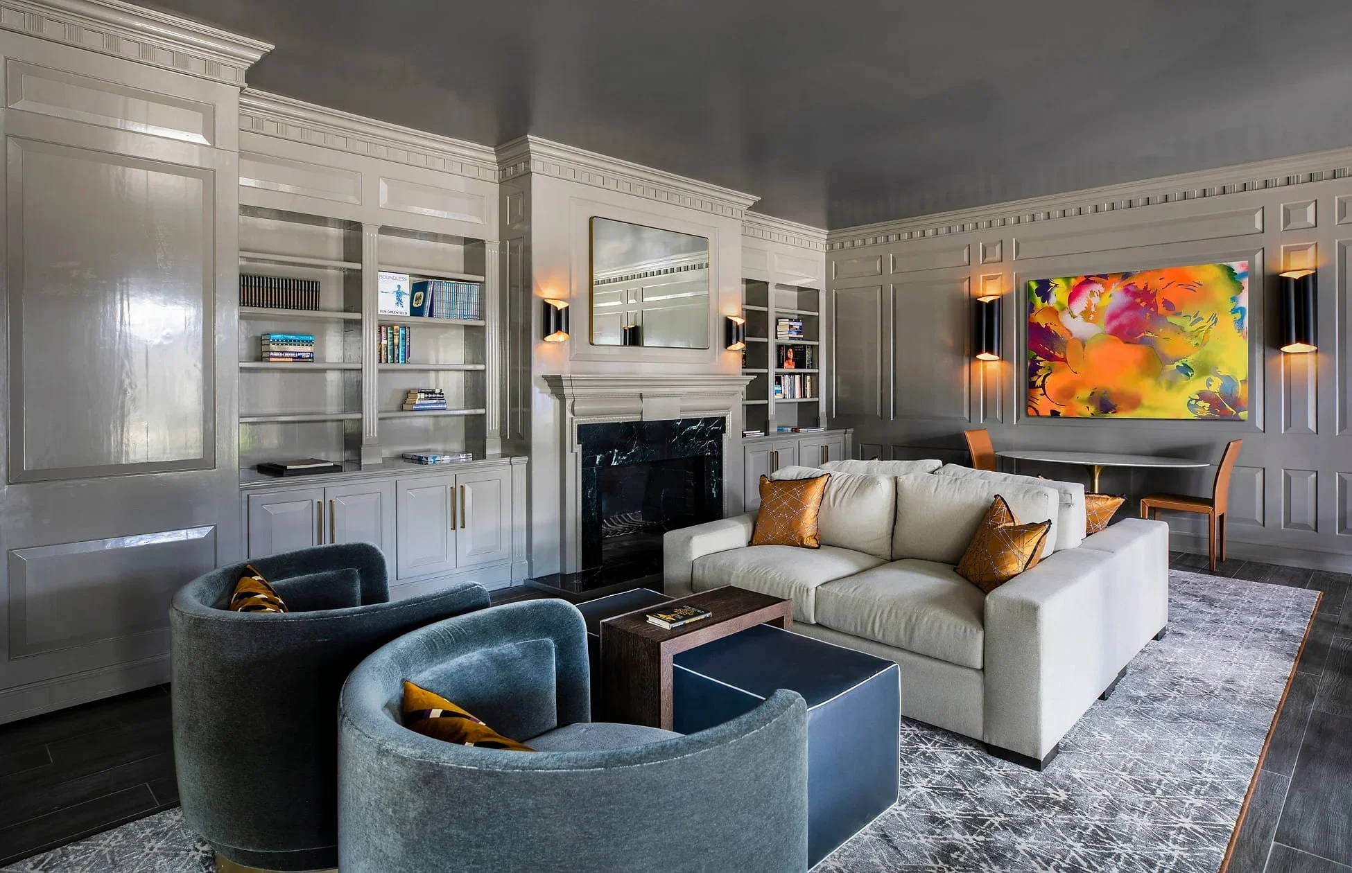 Commercial interior design Houston – Sydenham Clinic interior with custom millwork, fireplace feature wall and contemporary seating