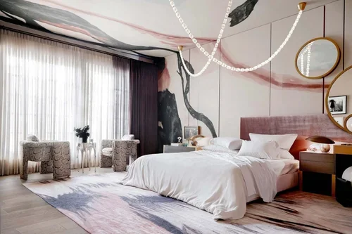 Commercial interior design project at Kips Bay Dallas 2022, with a show house bedroom, sculptural lighting and blush tones.
