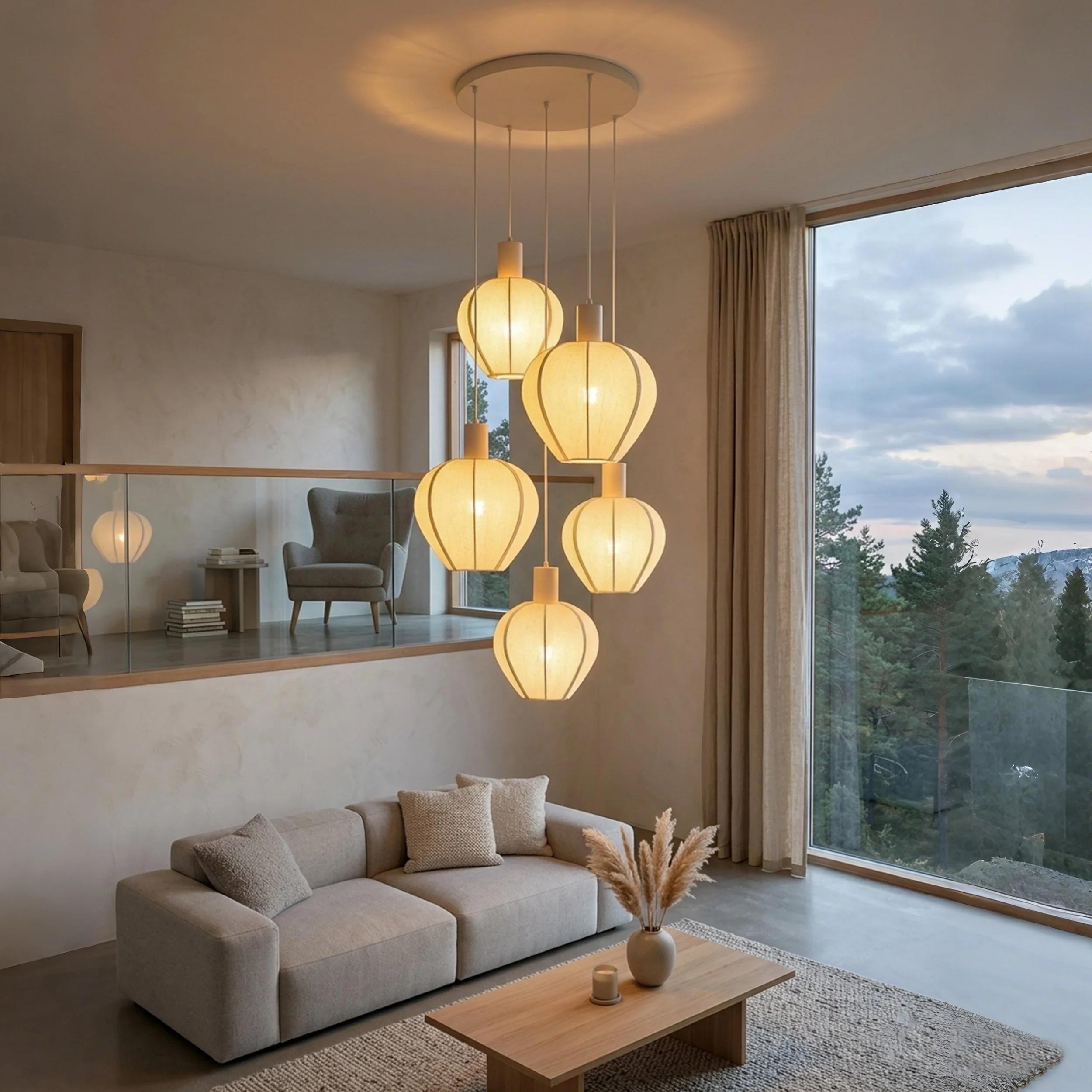 Beige Linen Pendant Lights for High Ceiling Living Room