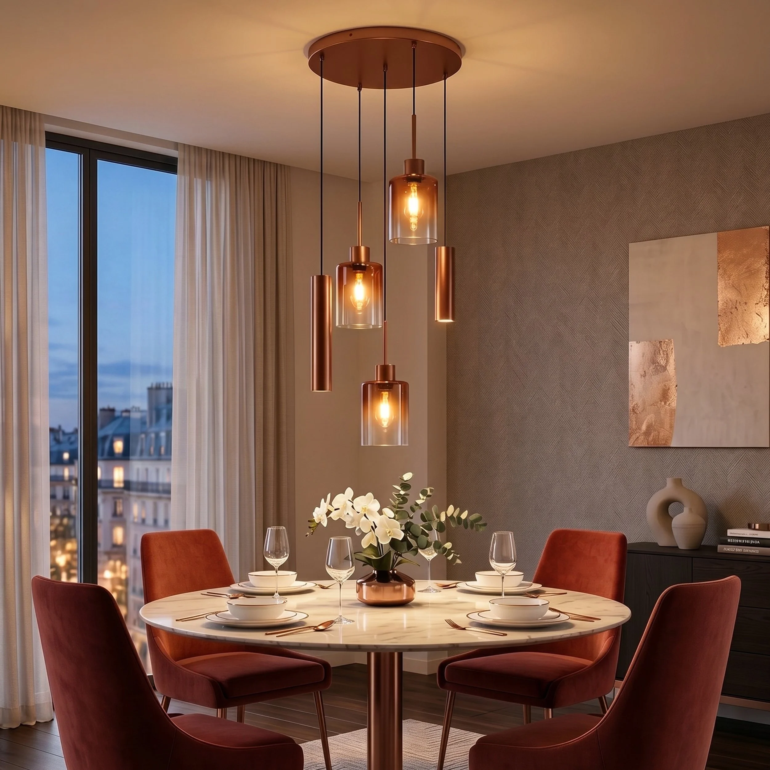 Copper Glass Pendant Light Modern 5-Light