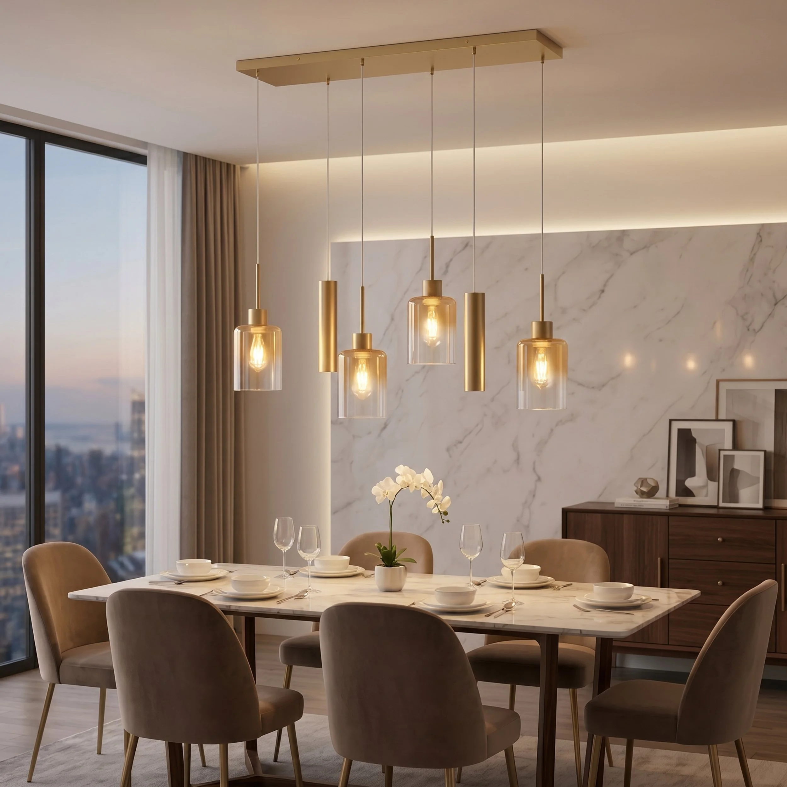 Contemporary Brass & Glass Linear Hanging Light