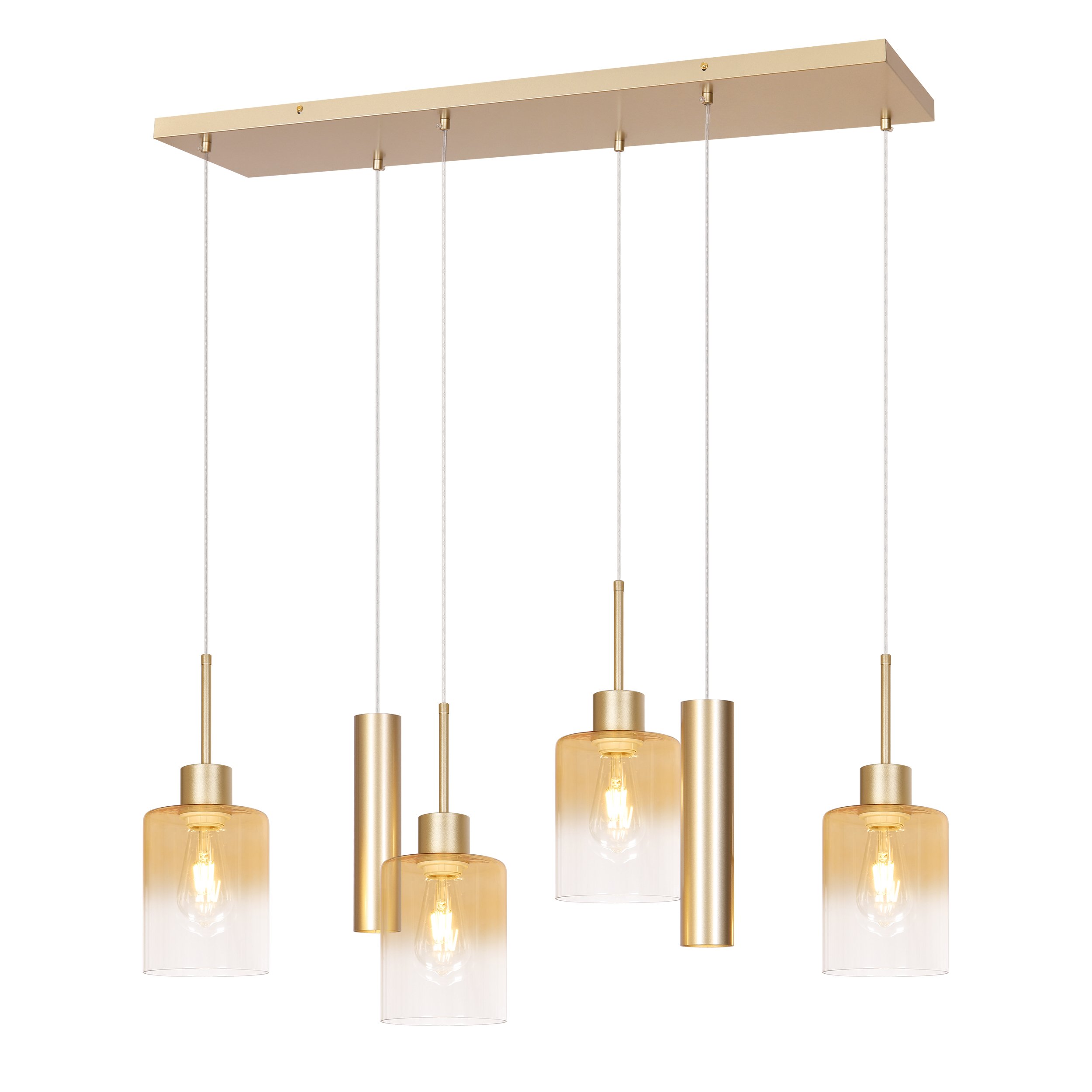 Contemporary Brass & Glass Linear Hanging Light, 6-Head Adjustable Pendant Lamp for Kitchen Island, Dining Table, Living Room