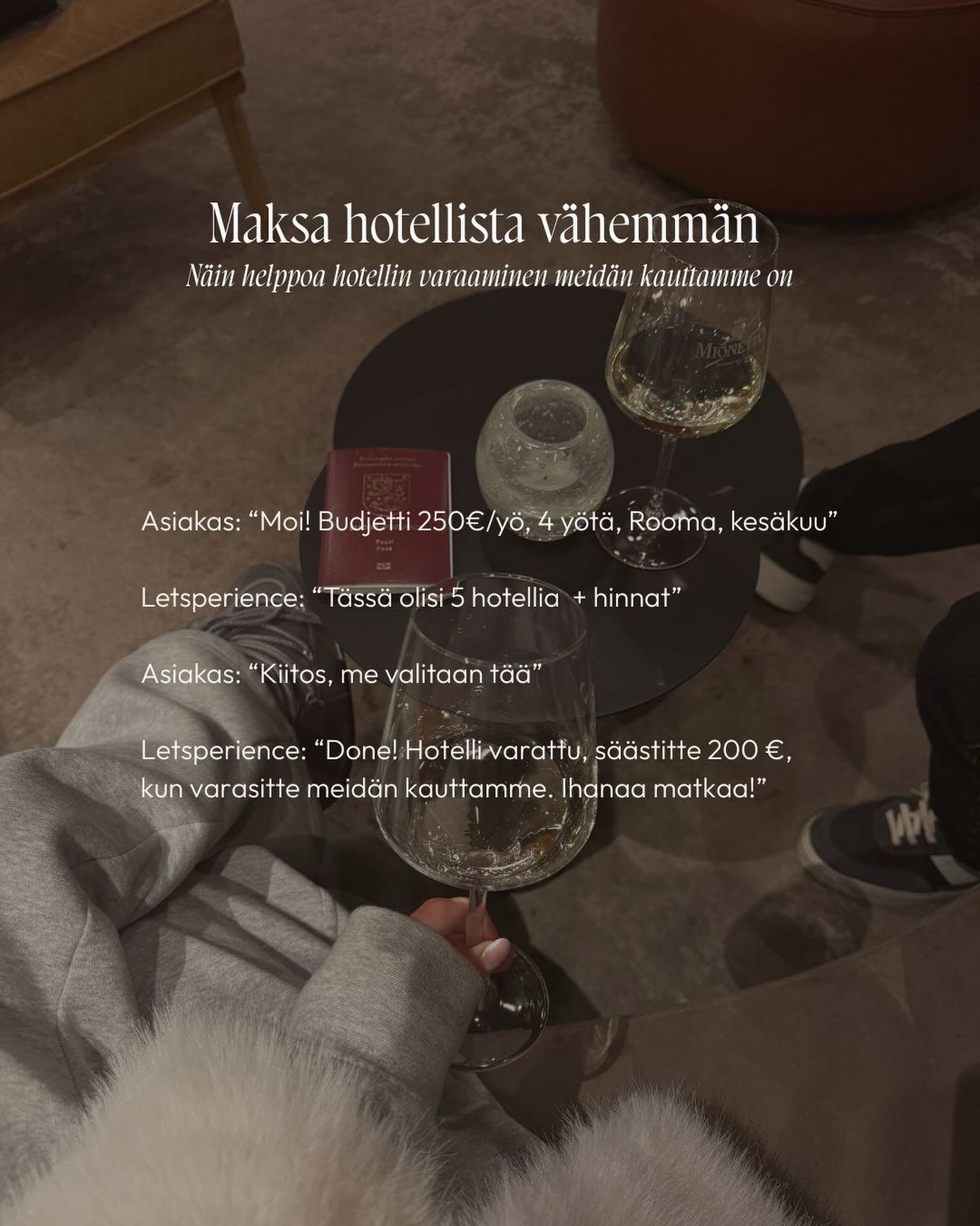 Hotellin varaaminen voi olla n&auml;in helppoa. Meid&auml;n kauttamme saat usein hotellit edullisemmin kuin varauspalveluista.

L&auml;het&auml; meille kohde, ajankohta ja budjetti &ndash; tai haluamasi hotelli.
Me tarkistamme hinnat, listaamme parha