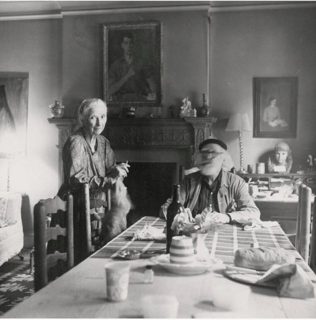 Dorelia O'Neill and Augustus John, 1960 featuring Gwen John's portrait of Dorelia behind