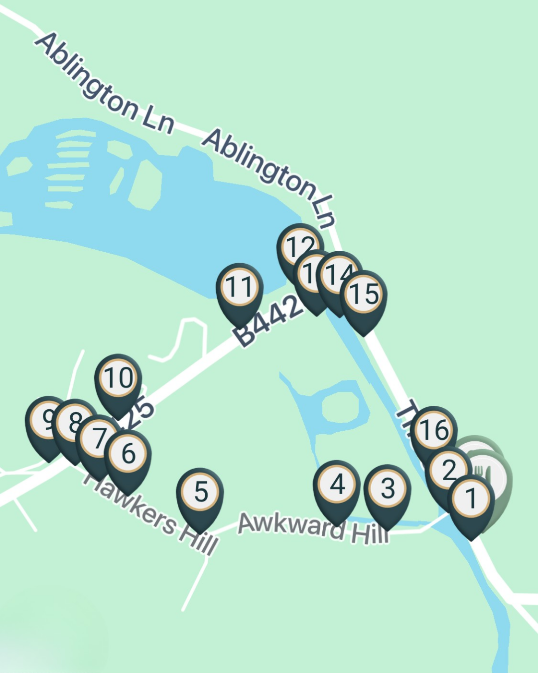 An map of the audio stops on the Bibury audio walking tour