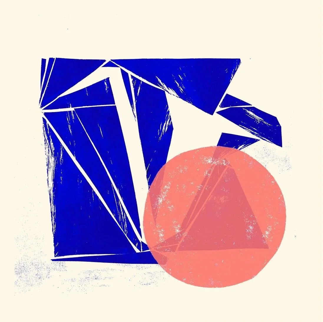 Abstract digital artwork with geometric shapes, including a large blue polygon on the left and a pink circle with a triangle inside on the right.