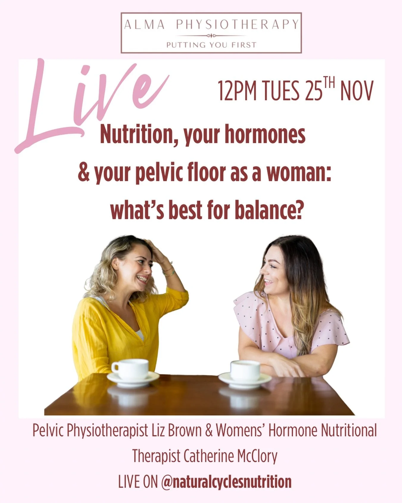 Join us LIVE on @naturalcyclesnutrition Tuesday 25th at 12pm. 🫶
.
We can&rsquo;t wait to myth-bust all things nutrition, your cycle and how to find balance being a woman, with @lizbrownphysio and Catherine of @naturalcyclesnutrition 
.
See you there