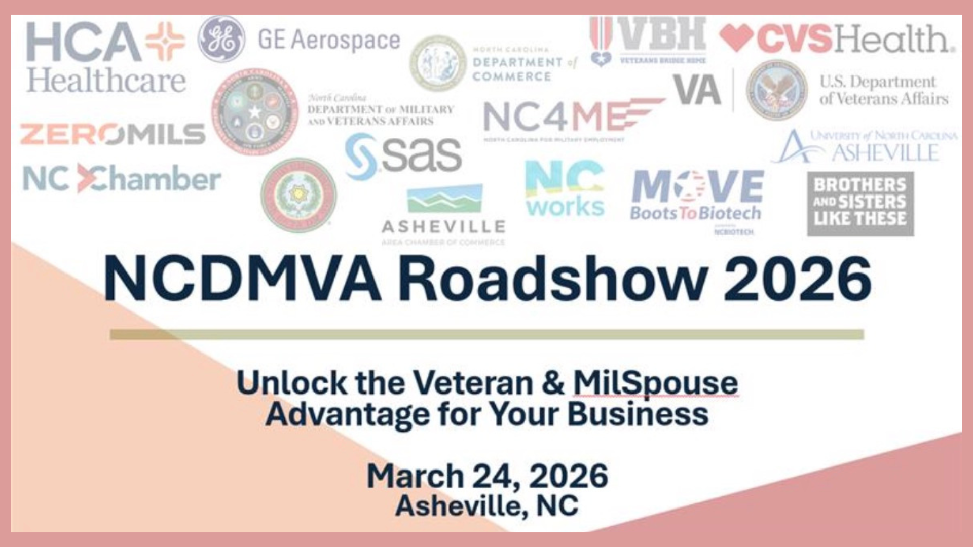 Event poster for NCDMVA Roadshow 2026, held on March 24, 2026, in Asheville, North Carolina. Includes logos of various organizations and sponsors, with the main title in large navy blue text and the subtitle about unlocking veteran and military spouse business advantages.