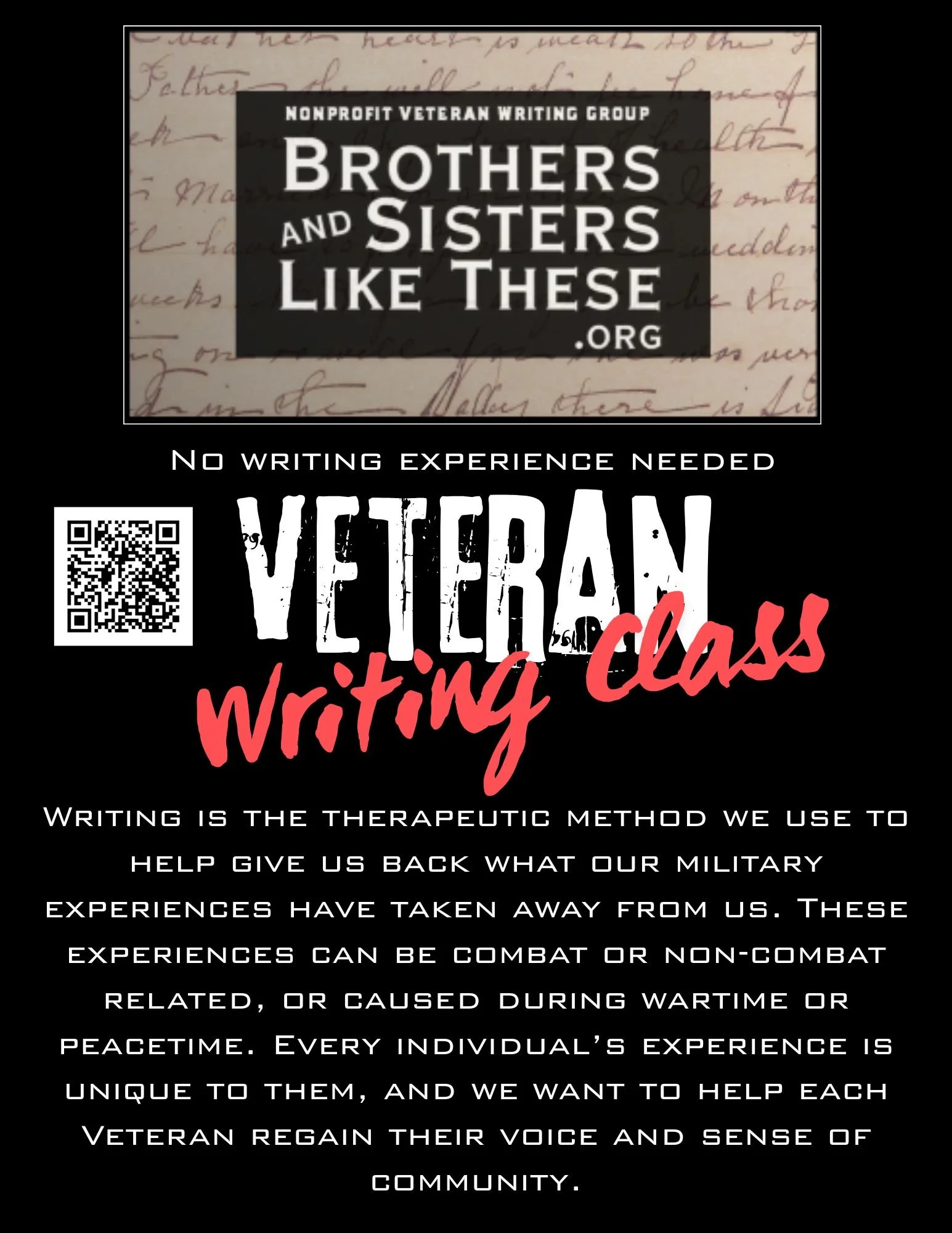 Poster for Brothers and Sisters Like These nonprofit veteran writing class, featuring a QR code and information about using writing as therapy for military experiences.