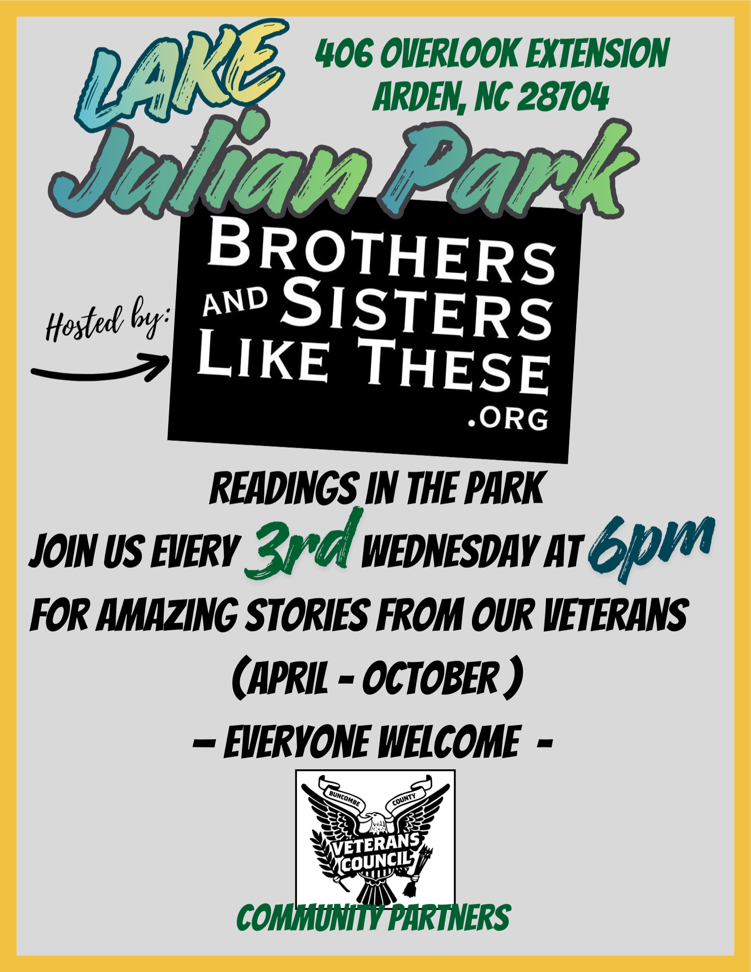 Flyer for Lake Julian Park in Arden, North Carolina, promoting Brothers and Sisters Like These organization hosting veterans' story readings every third Wednesday at 6 pm from April to October, with community partners logo at the bottom.