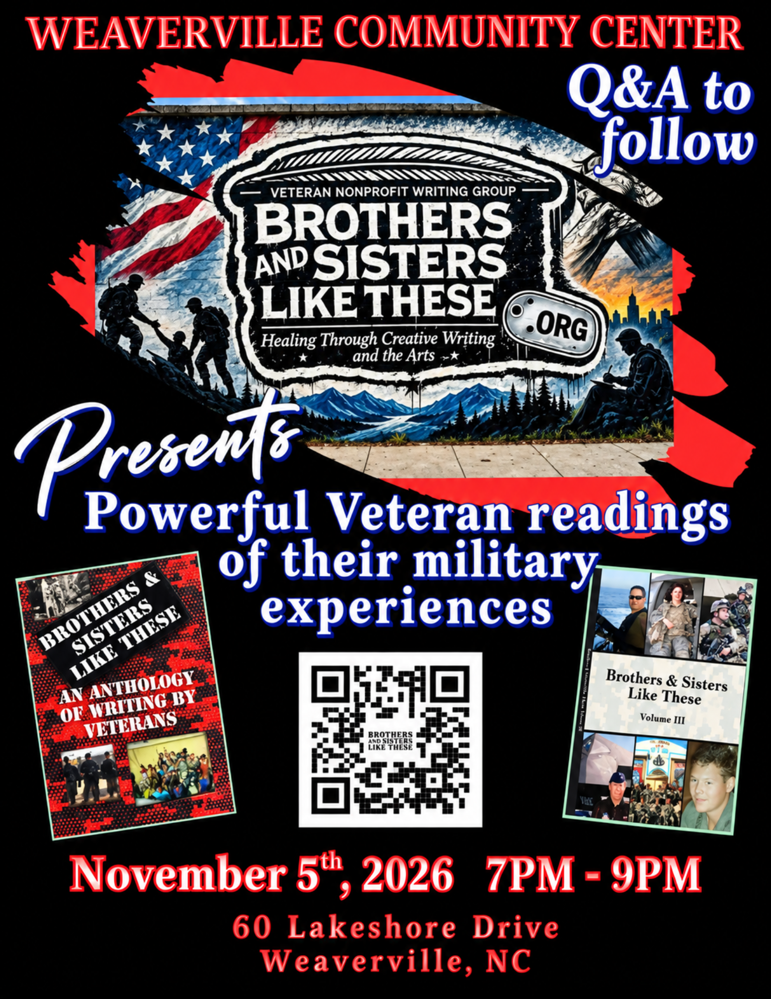 Weaverville Community Center flyer for Powerful Veteran Readings by Brothers and Sisters Like These, November 5, 2026, 7–9 PM, at 60 Lakeshore Drive, Weaverville, North Carolina.