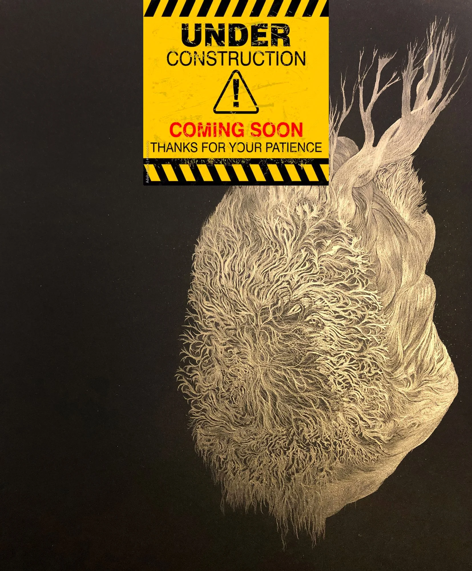 Un panneau jaune avec des bandes noires indiquant qu'une zone est en construction, avec un message 'UNDER CONSTRUCTION', 'COMING SOON' et 'THANKS FOR YOUR PATIENCE'
