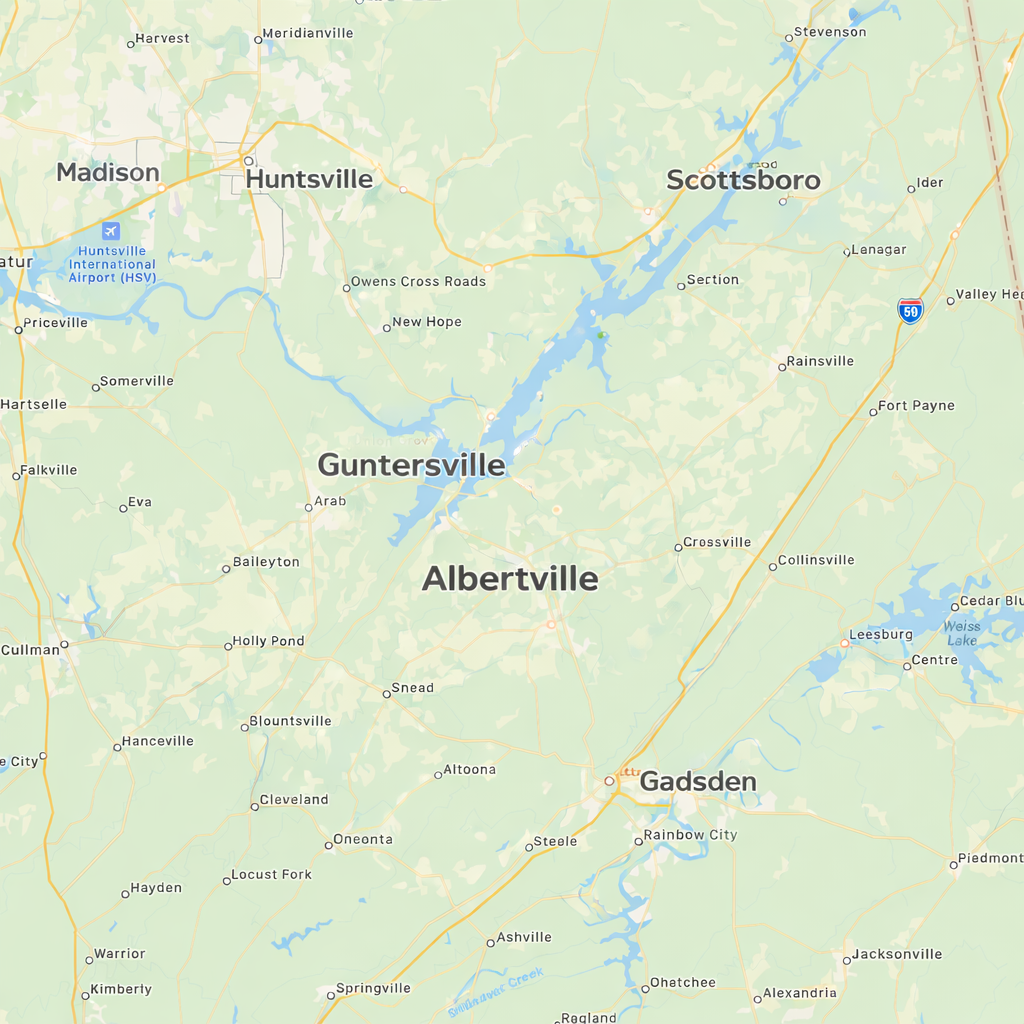 Map of parts of Alabama showing cities such as Gadsden, Albertville, Guntersville, Scottsboro, Huntsville, Madison, and surrounding areas.