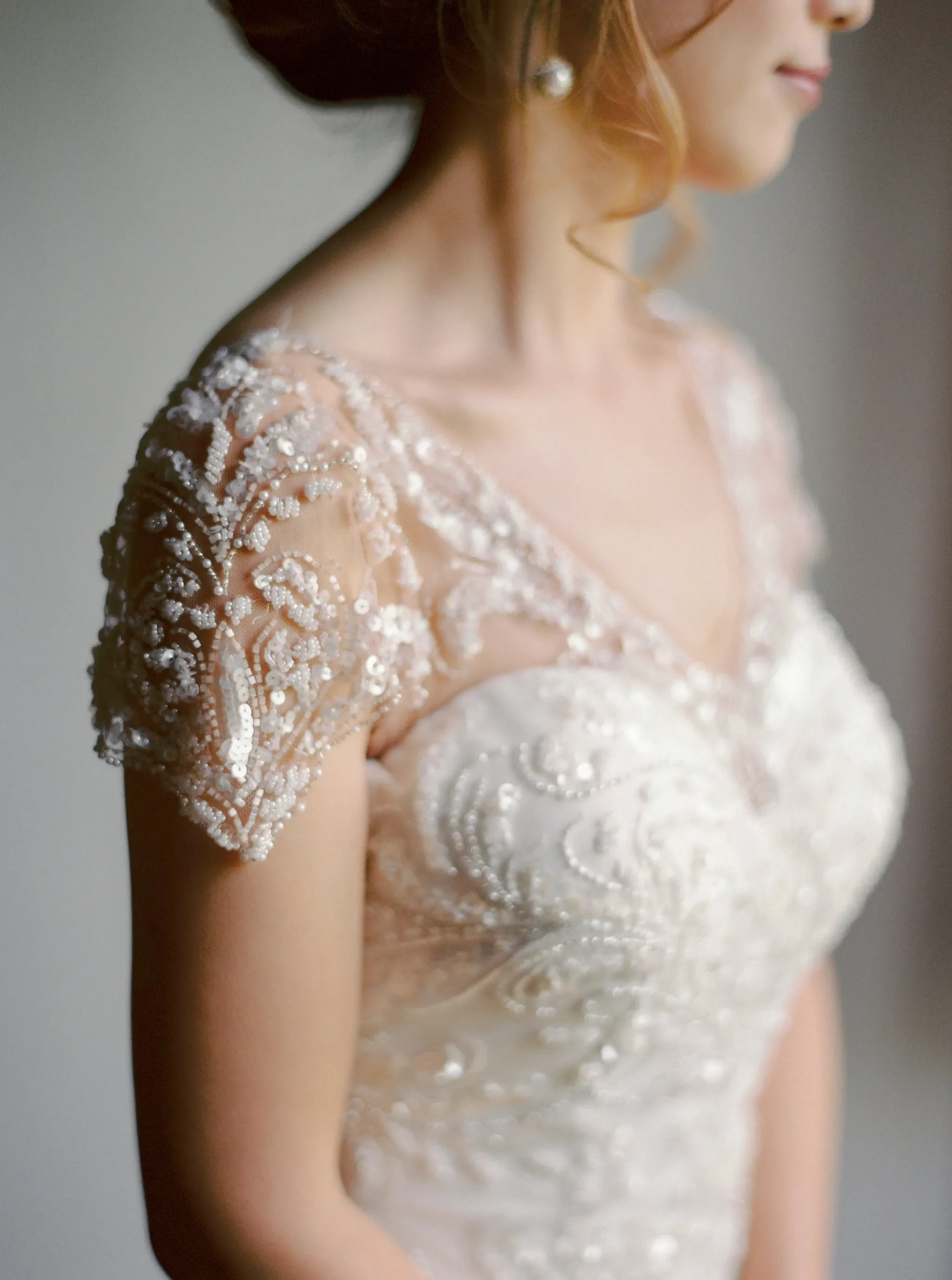 Embroidered wedding gown at a destination wedding in Sitges, Spain