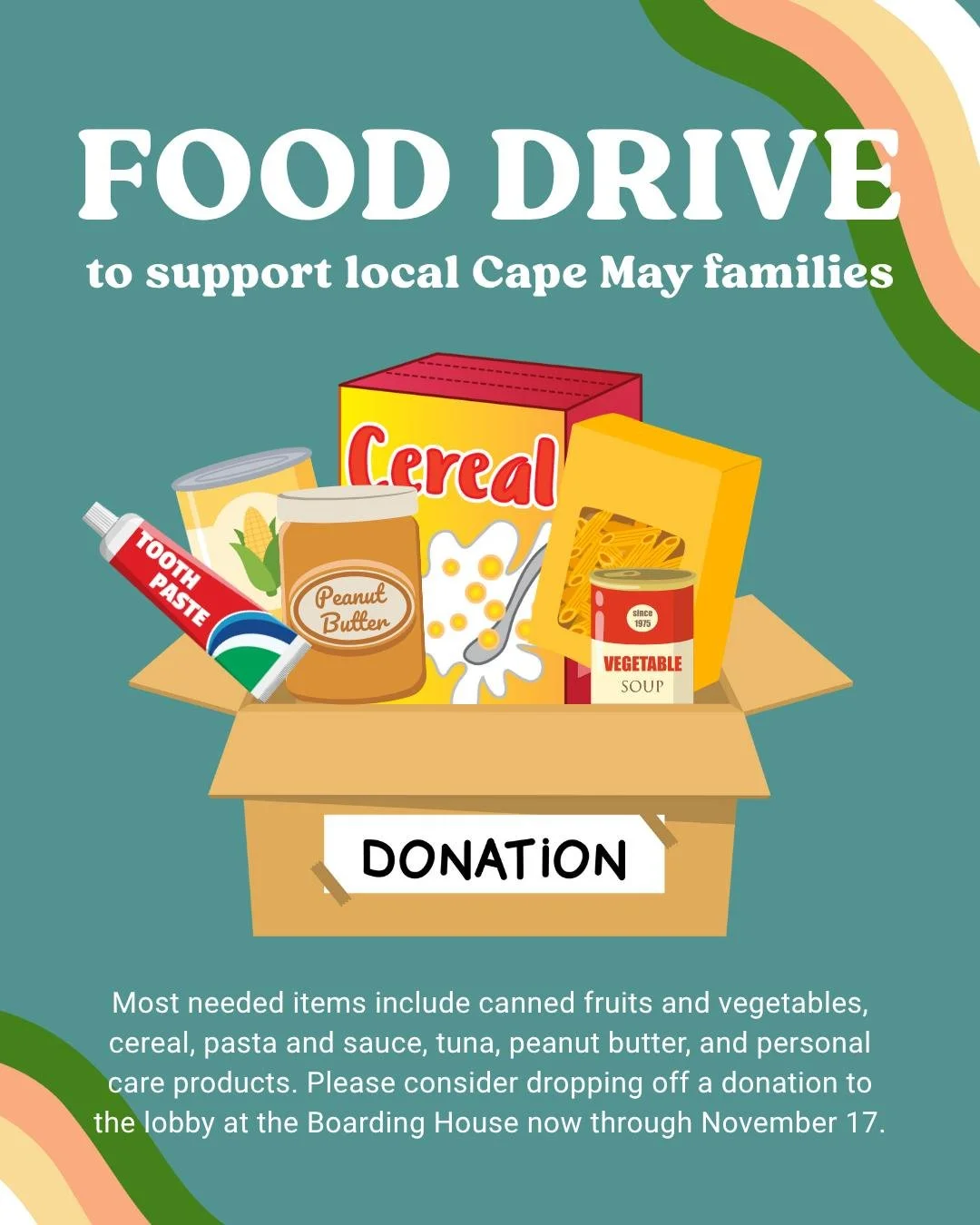 Let&rsquo;s come together to share the spirit of the season and support our Cape May community! 
Starting Saturday, Nov 1, the Boarding House will be collecting non-perishable and shelf-stable goods to support @capemayfoodcloset. Please consider drop