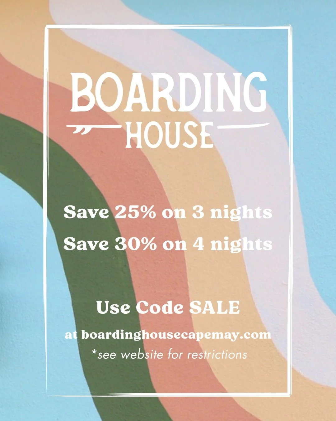 Enjoy MAJOR savings when you book your 2026 stay by December 24!
💲Book 3 nights and get 25% off
💲💲Book 4 nights and get 30% off

Use Code SALE at boardinghousecapemay.com/offers
*Valid only on new reservations. Black out dates apply.

#capemay #ca