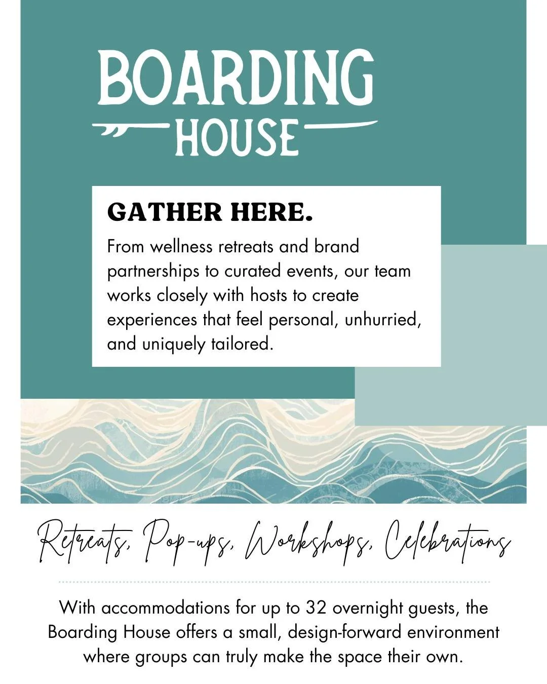 Looking to plan an inspiring retreat, team-building getaway or a curated group experience in America's Original Seaside Resort? The Boarding House is perfect for small group stays and can host up to 32 guests. Standout features include our rooftop de