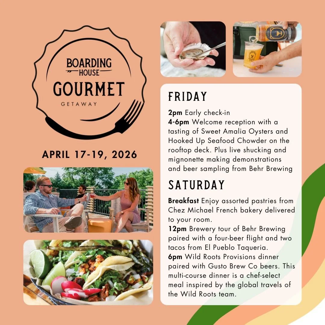 Gourmet Getaway Weekend, April 17-19, is a curated experience showcasing some of our favorite local eateries and breweries. The weekend begins Friday with early check-in, followed by a rooftop welcome reception featuring oysters from @sweetamaliaoyst