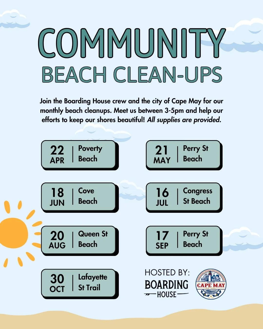 We&rsquo;re partnering with the @capemaycity again this year to host a full season of beach clean ups. We&rsquo;ll kick things off on Earth Day, April 22 at Poverty Beach! Join us in our mission to keep our beaches clean and make a positive impact in
