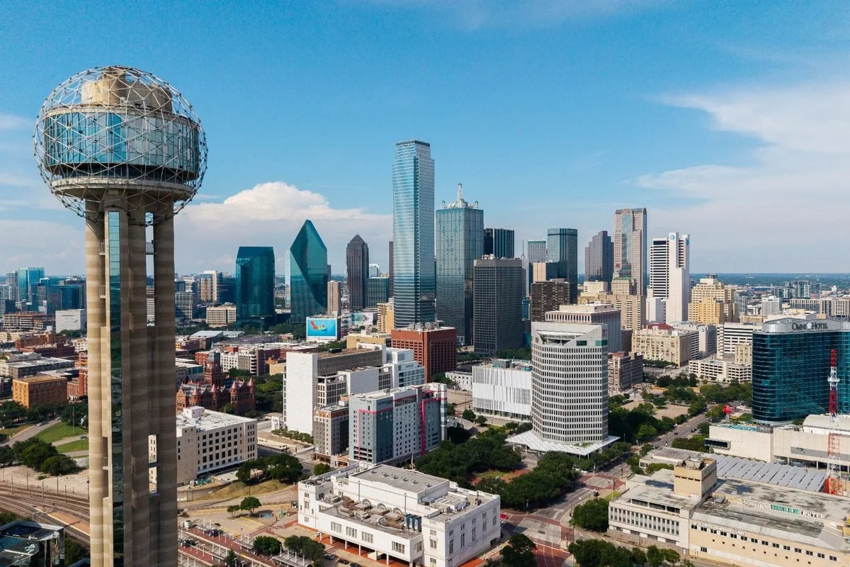 Downtown Dallas skyline featuring Reunion Tower and the central business district in Dallas, Texas.