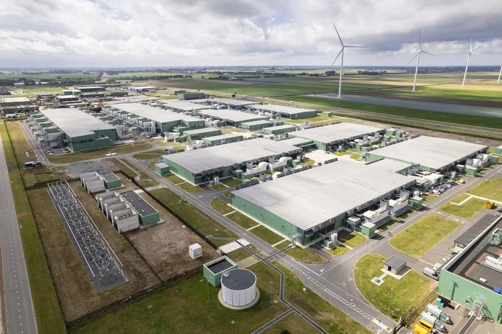 Large data center campus with multiple facilities and surrounding infrastructure