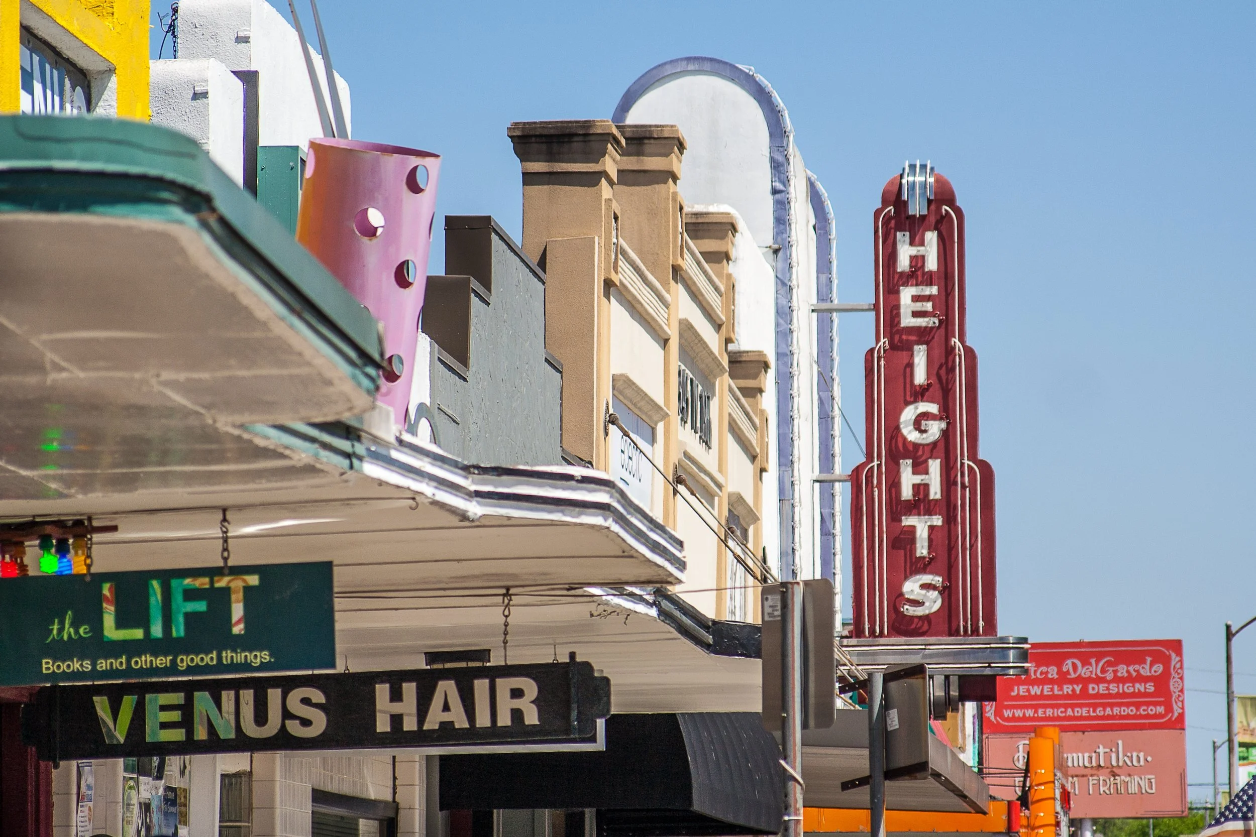 Historic Heights Theater and surrounding storefronts in the Houston Heights neighborhood of Houston, Texas.
