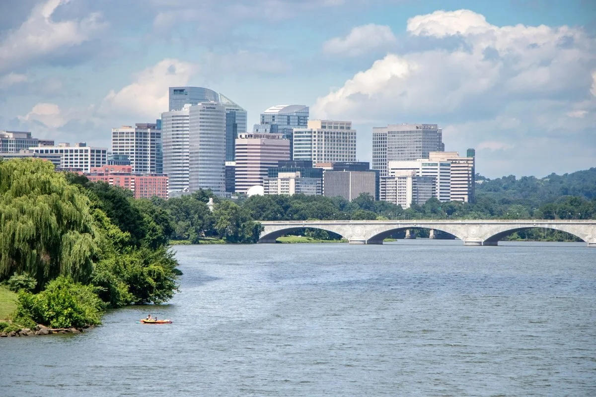 Arlington, Virginia skyline overlooking the Potomac River, serving the Washington DC corporate housing market.