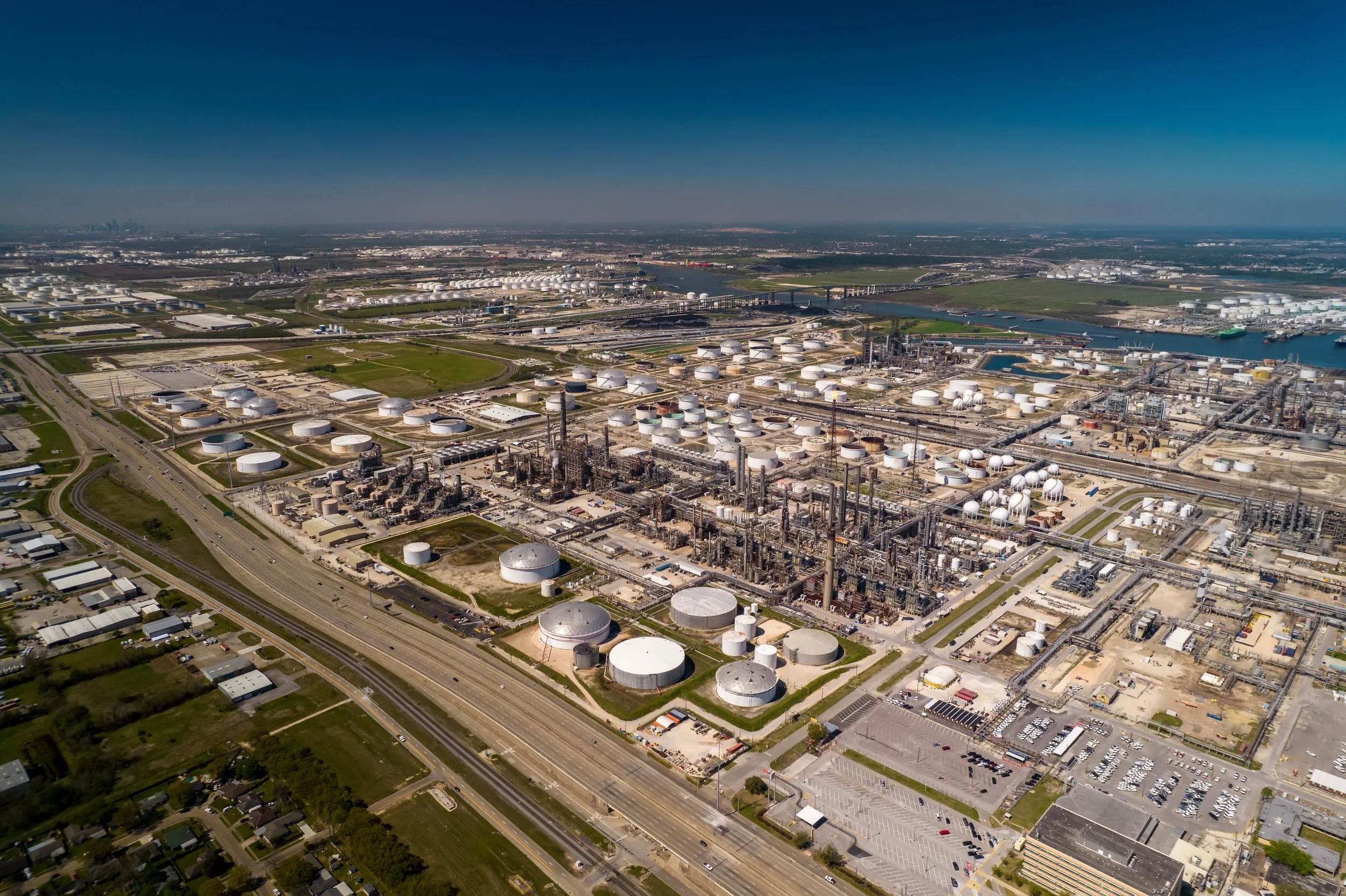 Aerial view of petrochemical facilities along the Houston Ship Channel in Texas