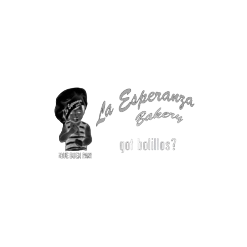 Black and white logo for La Esperanza Bakery featuring a cartoon child wearing a chef's hat and holding a cupcake, with the text 'Got bolillos?'