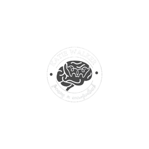 Circular logo featuring a cartoon brain with a smiling face, surrounded by the text 'KATIE WALKER' and 'Curing the neurofoodattack' on a black background.