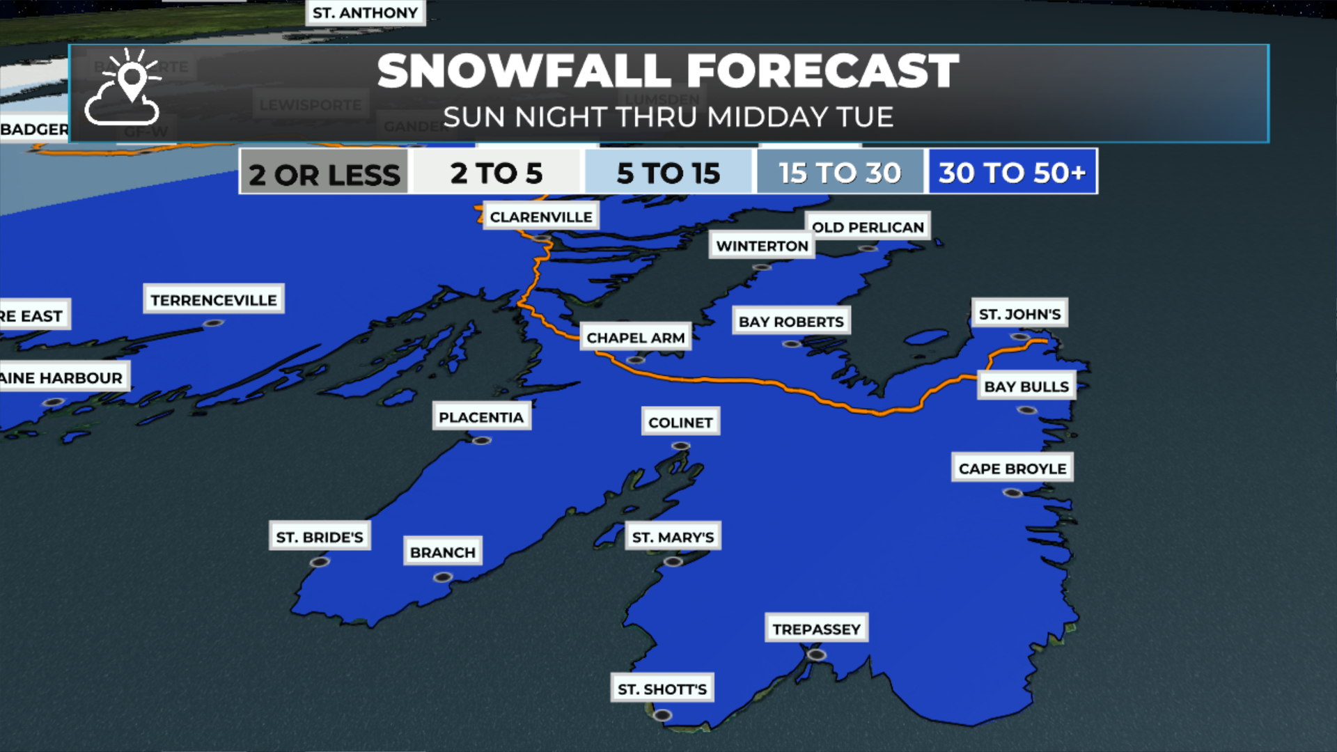 Today’s snowfall forecast for the Avalon Peninsula - Feb 2 to early on Feb 3, 2026.