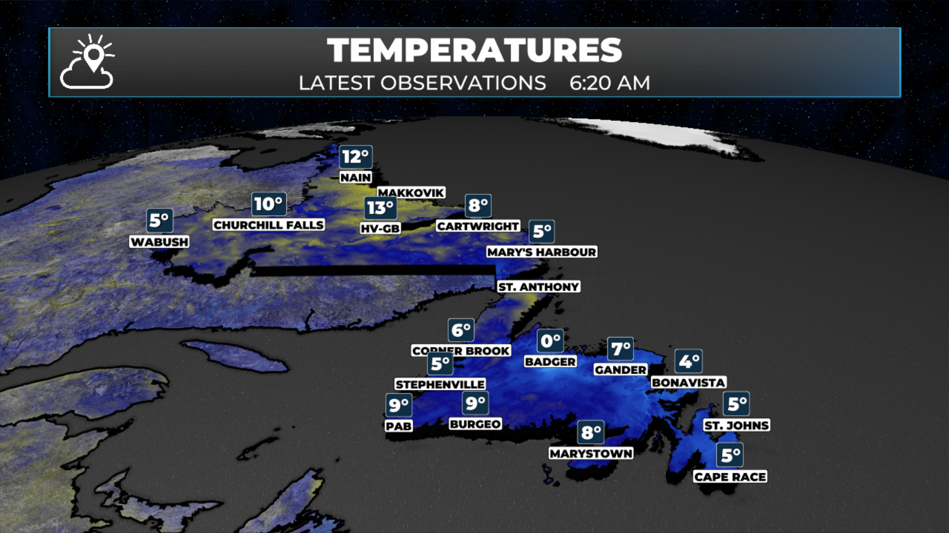NL Temperatures as of 6:20 AM NDT on June 26, 2026.