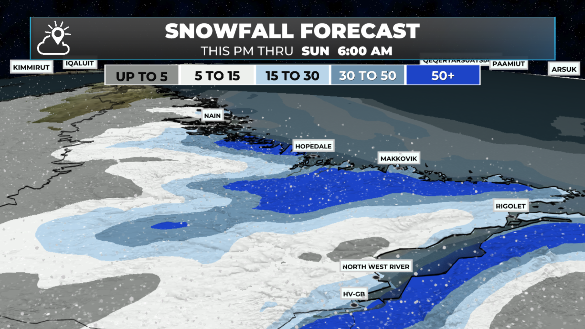 Snowfall forecast from today through Sunday morning (February  1, 2026)
