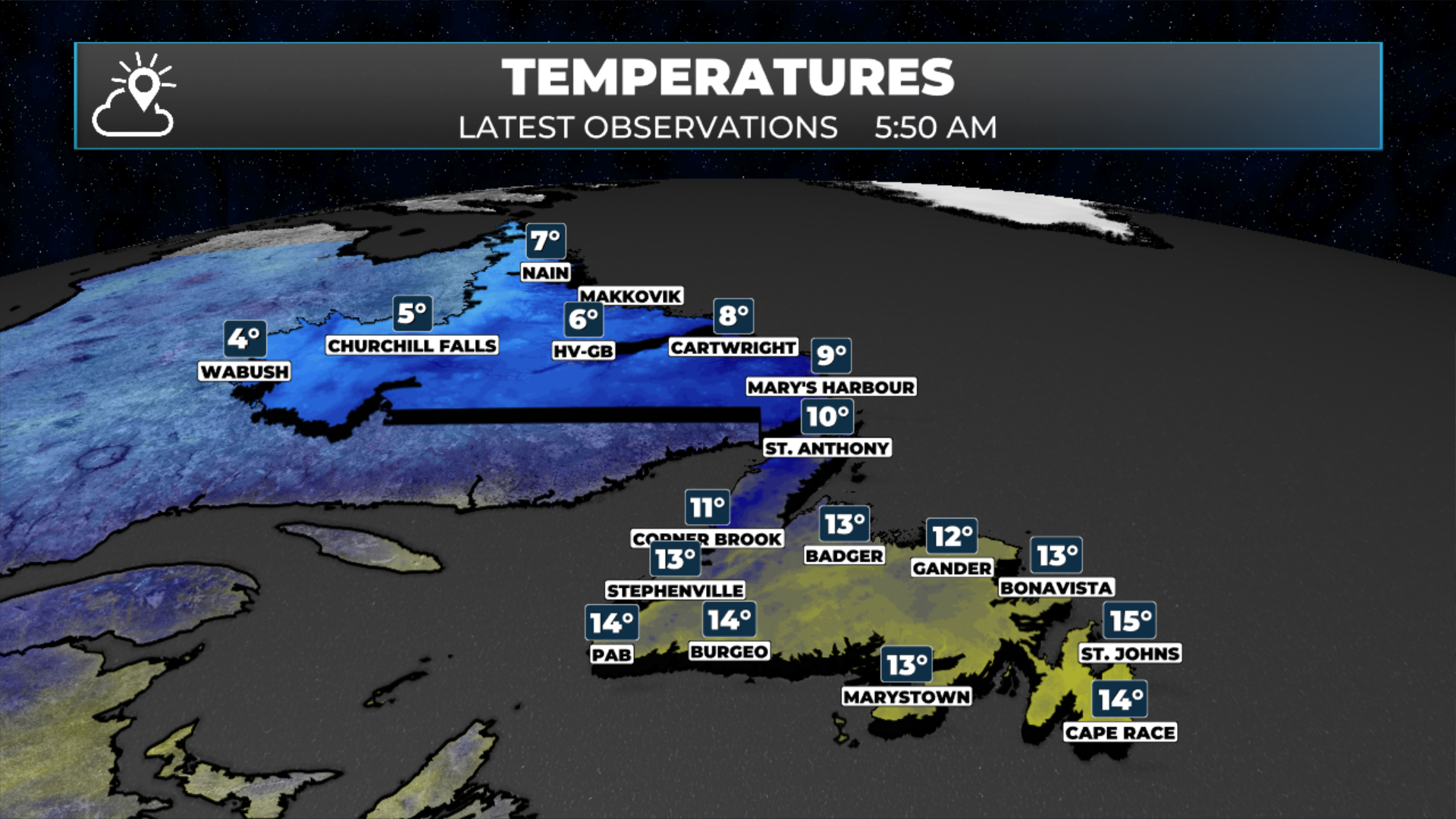 Temperatures across NL as of 5:50 AM on September 8, 2026