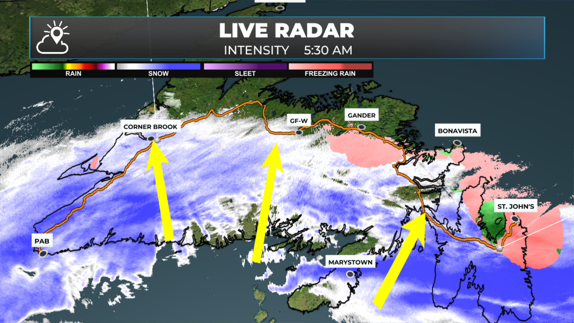 Radar image from just before 6 AM on February 12, 2026.