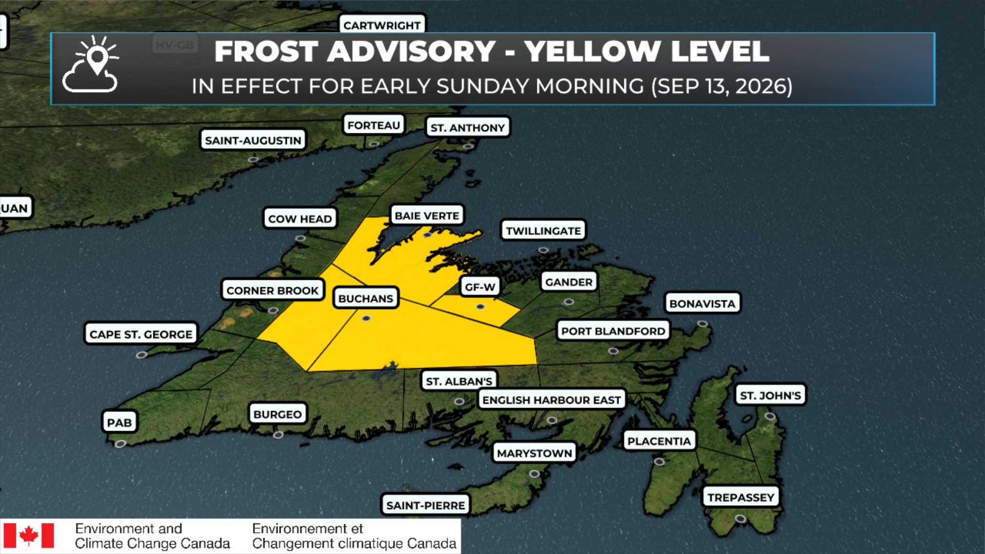 Patchy frost expected across parts of Newfoundland early Sunday