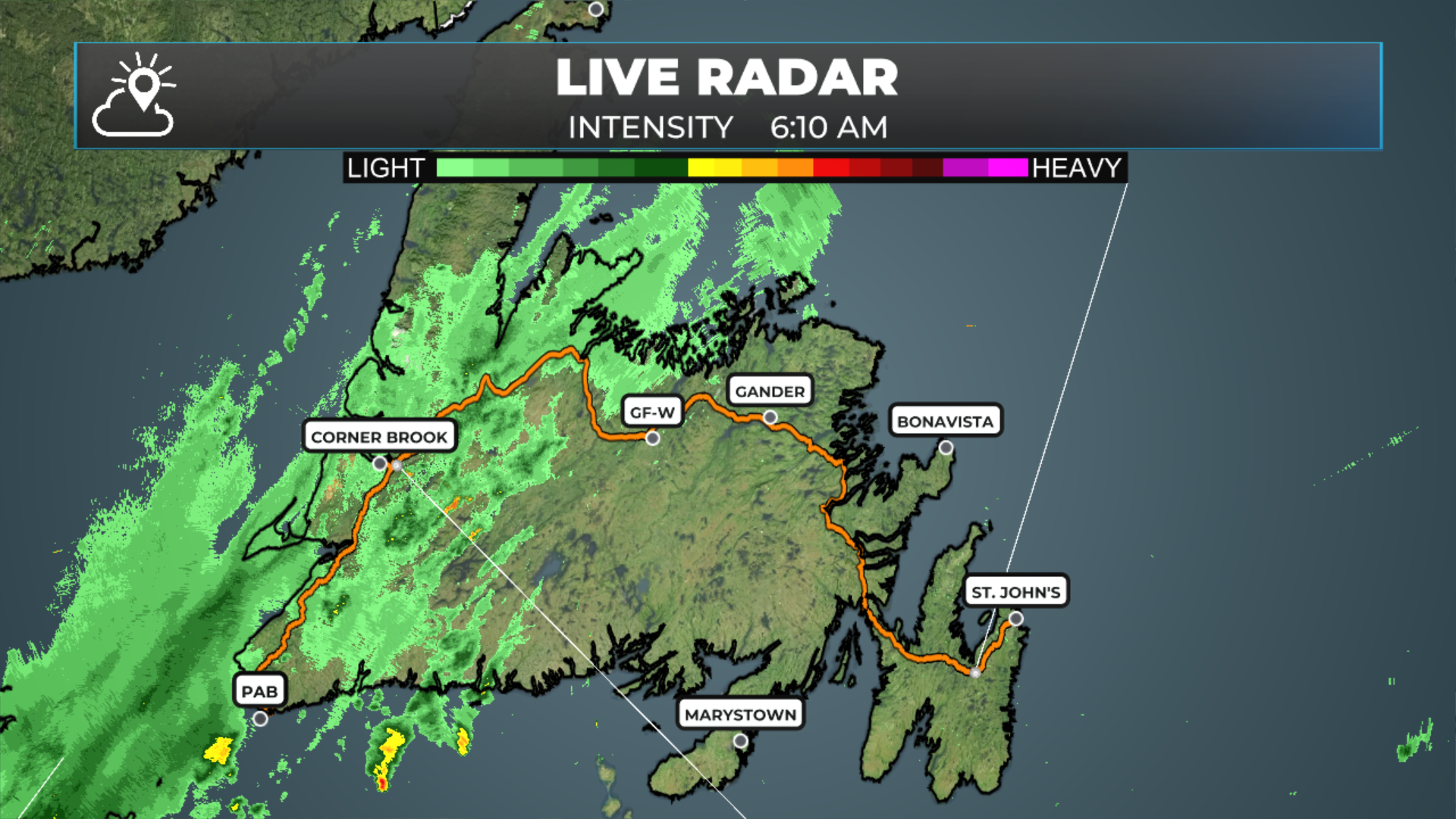 Radar image showing showers and light rain across western and southwestern Newfoundland early Friday morning.