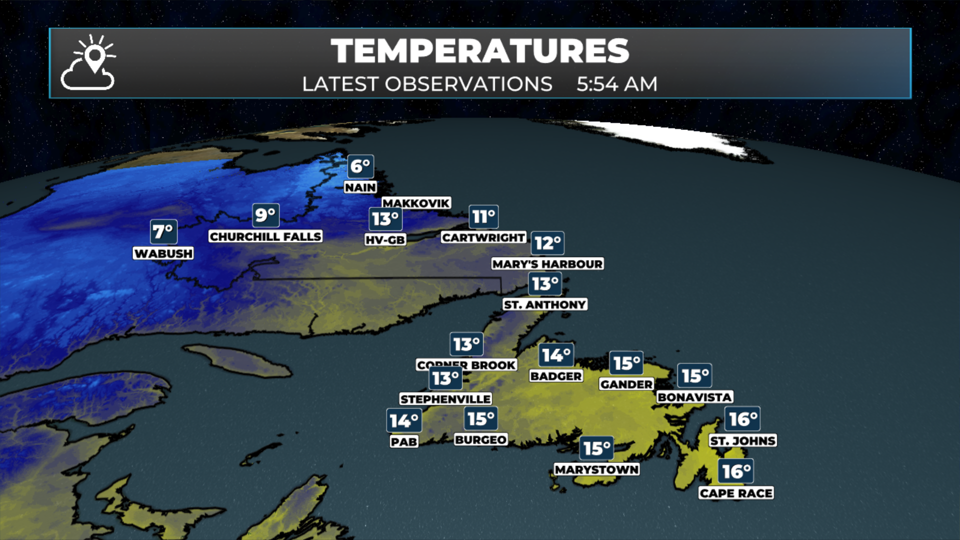 Temps across NL as of 5:54 AM on September 11, 2026.