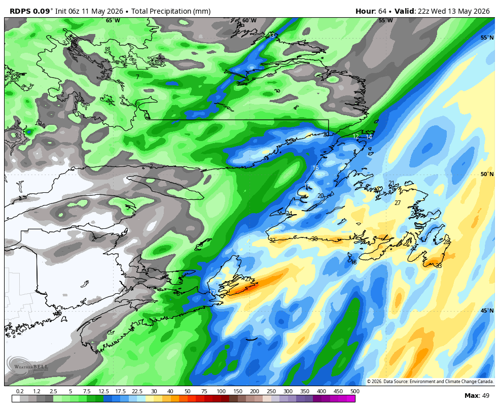 Expected rainfall totals from today through Wednesday (May 11 to 13, 2026)