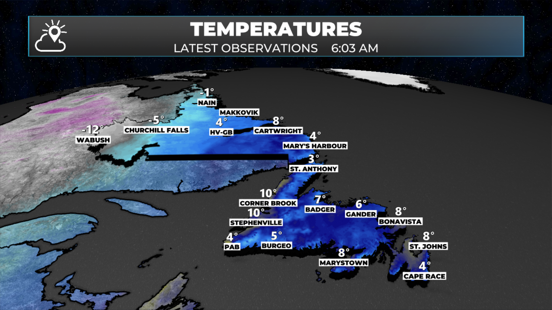 Temperatures across NL as of 6 AM NDT on April 20, 2026.