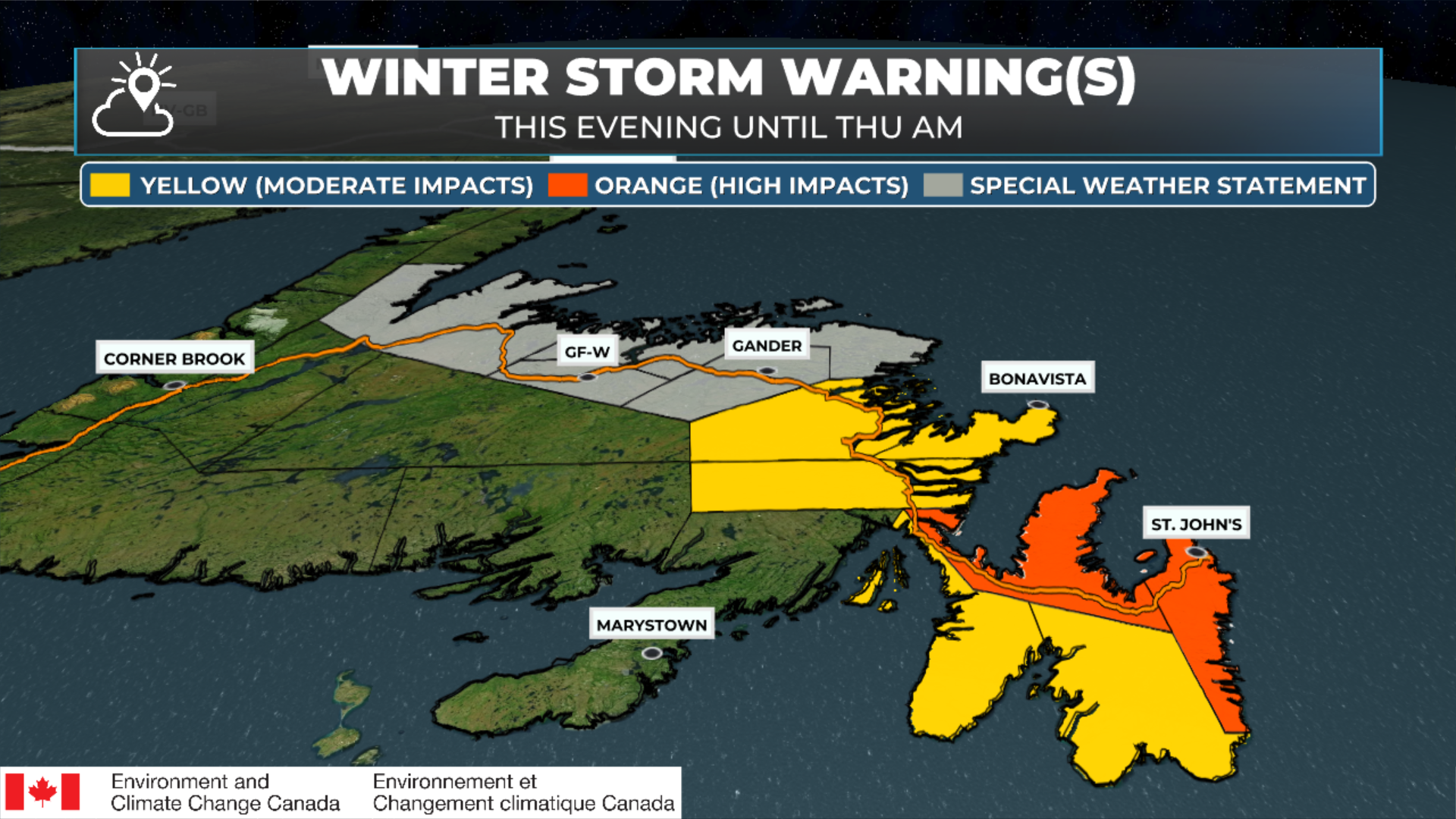 Winter Storm Alerts as of February 17, 2026 at 6 AM NST.