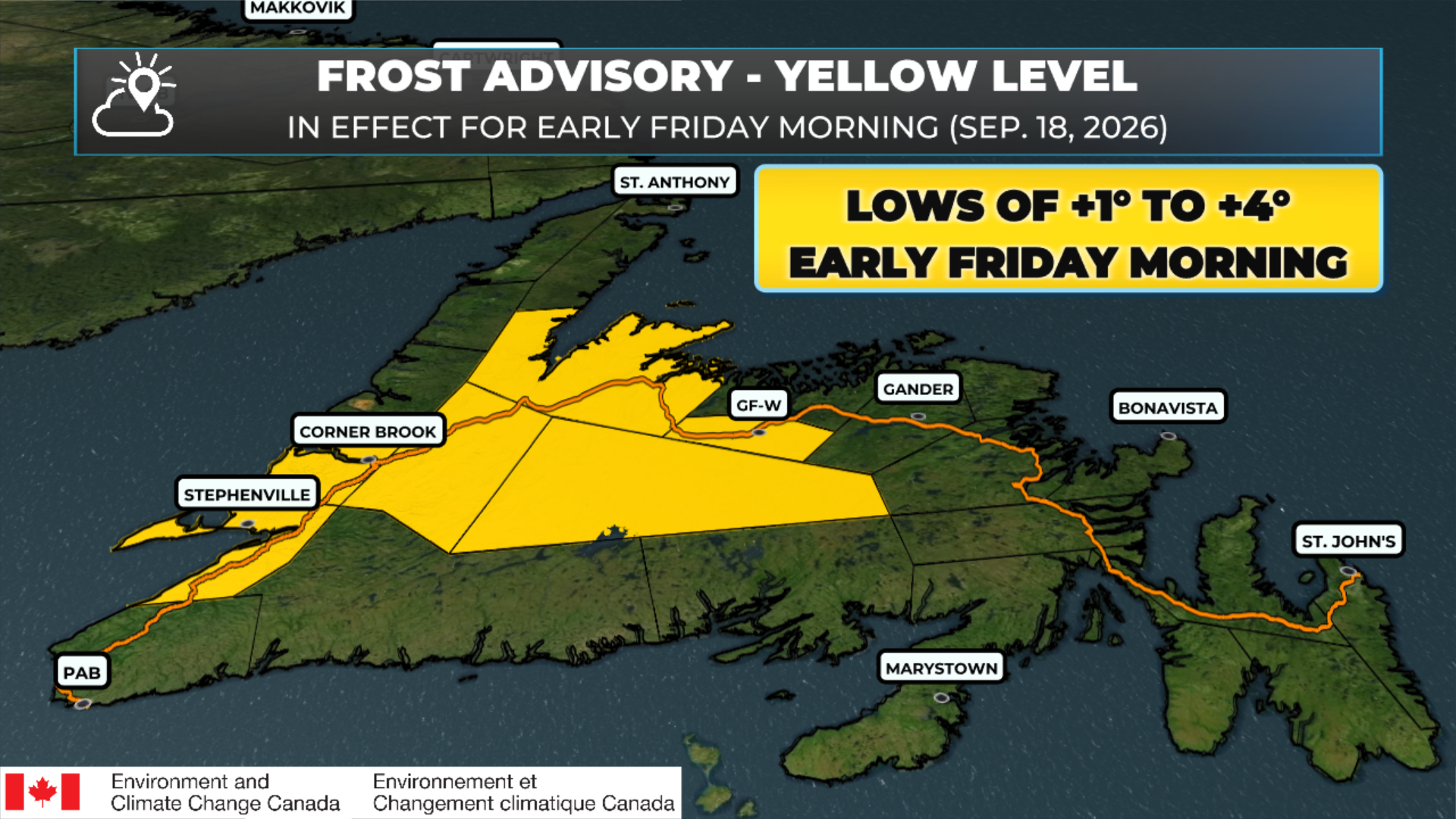 A Frost Advisory is in effect for the highlighted areas early Friday morning.