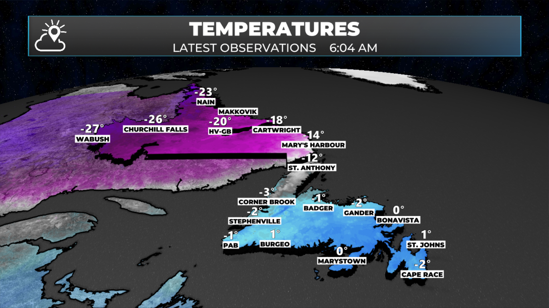 Observed temperatures as of 6:04 AM NST on March 11, 2026