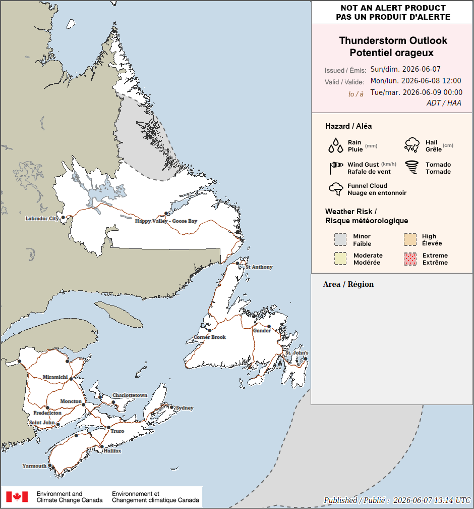 The thunderstorm risk for Labrador today - June 8, 2026.