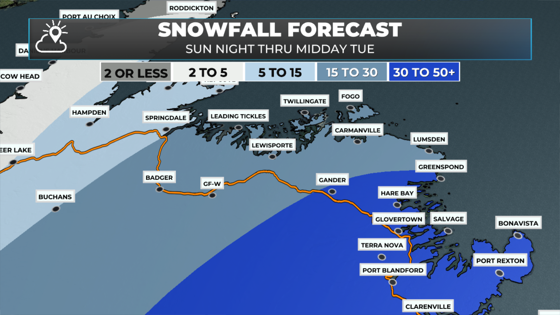 Today’s snowfall forecast for central/northeast Newfoundland - Feb 2 to early on Feb 3, 2026.