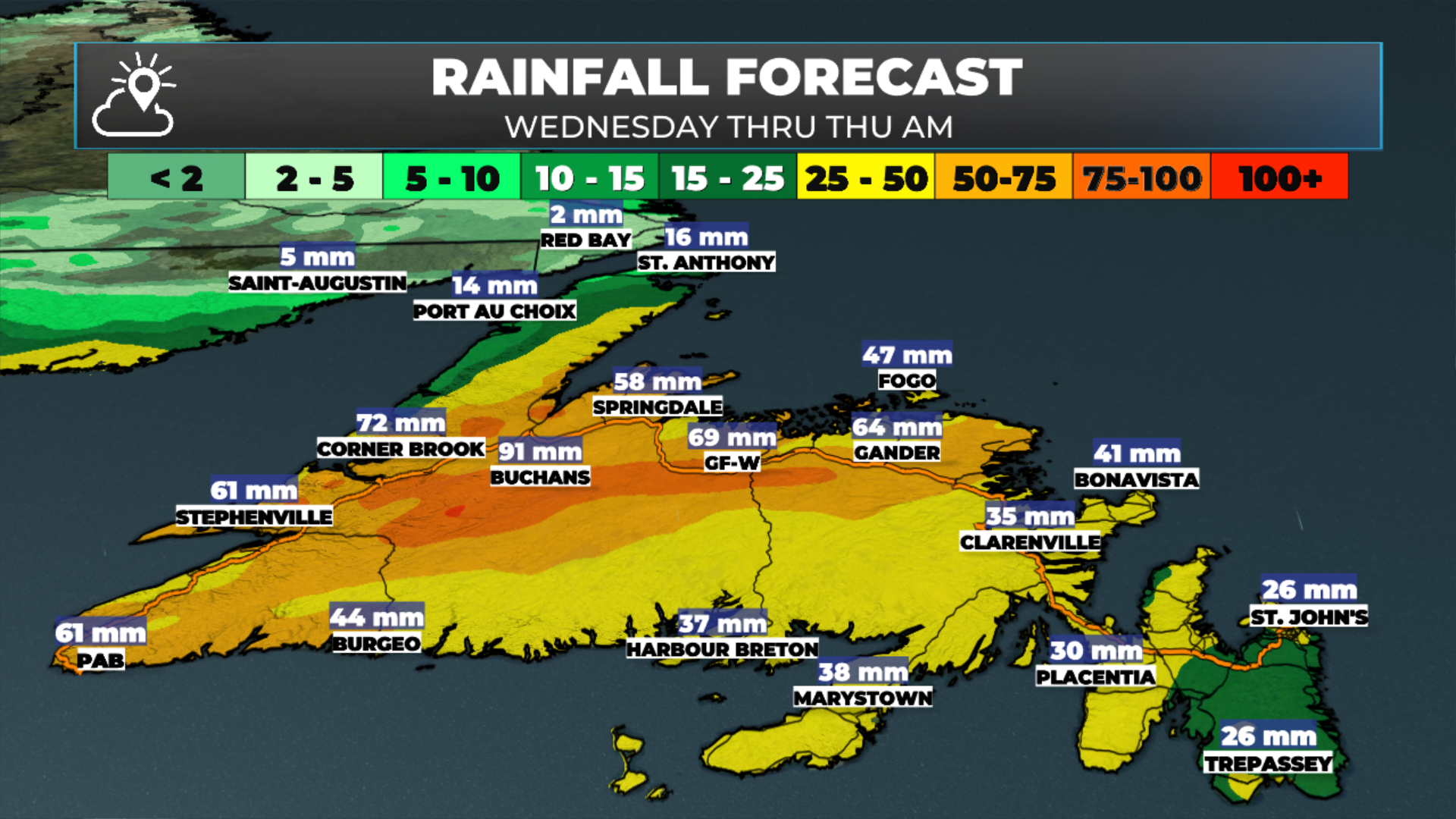 The rainfall forecast from today through early Thursday. June 24 and 25, 2026
