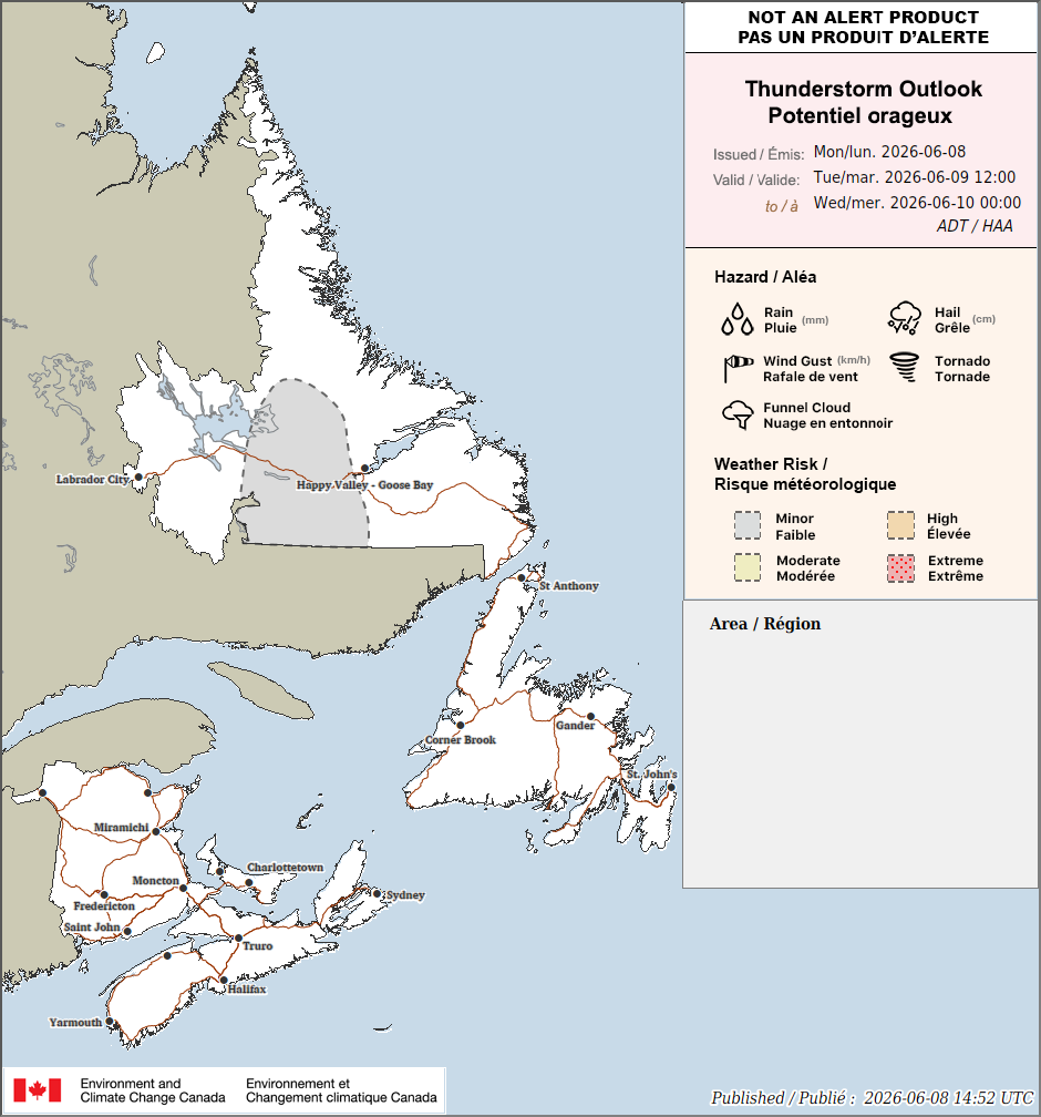 Today's thunderstorm risk for Newfoundland and Labrador from Environment Canada