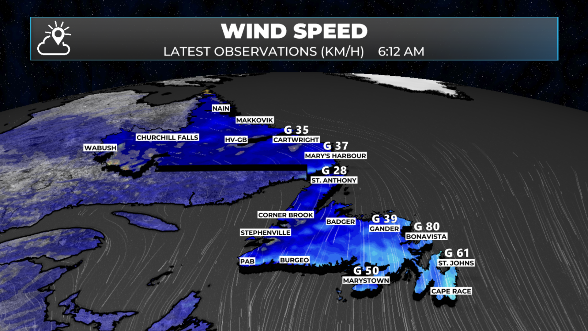 Observed wind gusts as of 6:12 AM NST