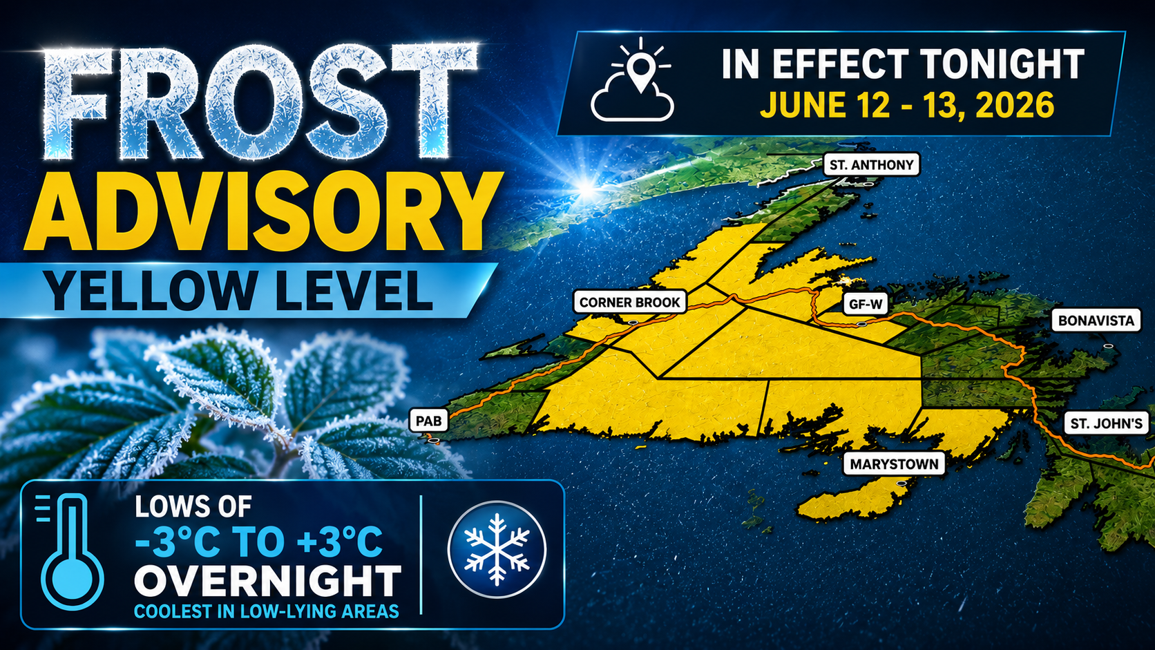 Frost Advisory Tonight for Central, Western, and Southern Newfoundland