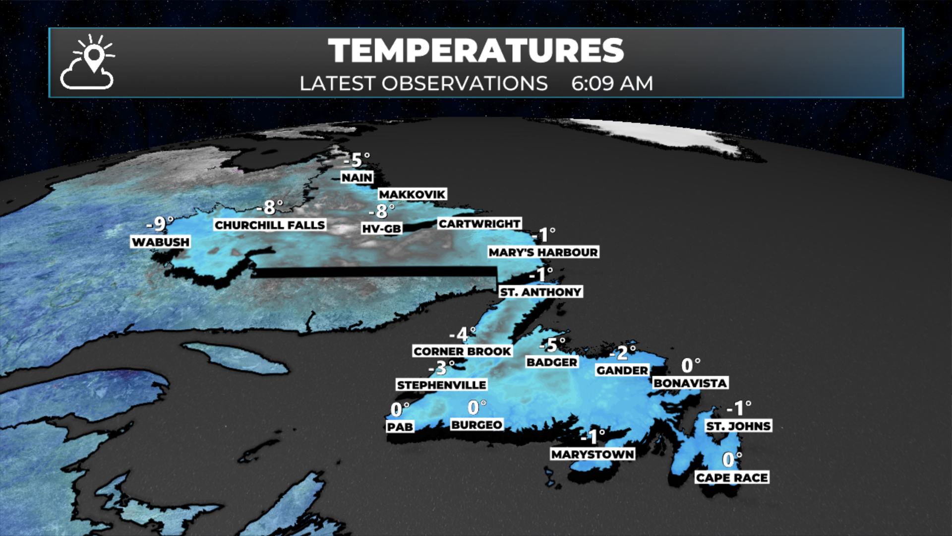 NL Observed temperatures as of 6:09 AM NDT (5:39 AM ADT).